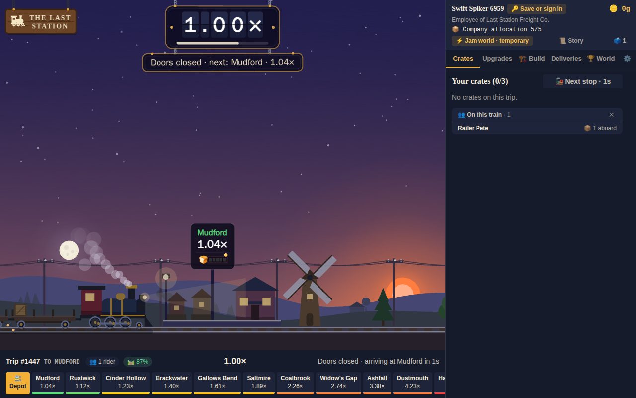 The game on a computer: the train at a station at dawn, the side panel with your crates