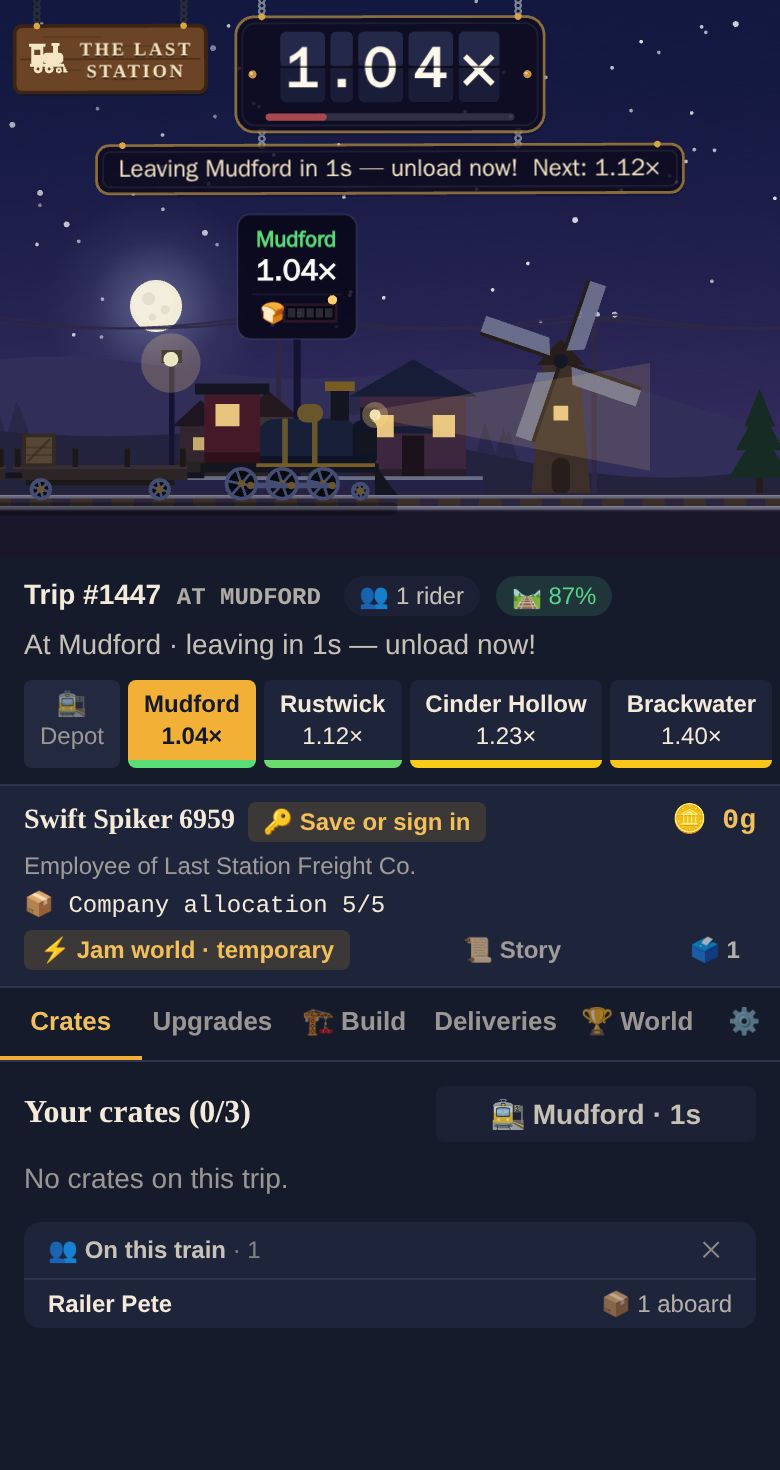 The game on a phone: the train at dusk, the multiplier, the stations and your crates